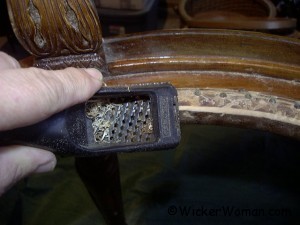 Use rasp to bevel wooden edge Using a Shurfoam shaver to bevel inside edge of wooden cane seat.