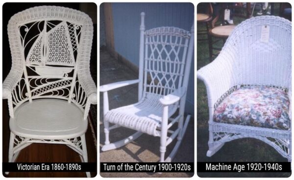 Wicker furniture collage showing wicker rockers from the Victorian era, Turn of the Century era, and the Machine Age era.