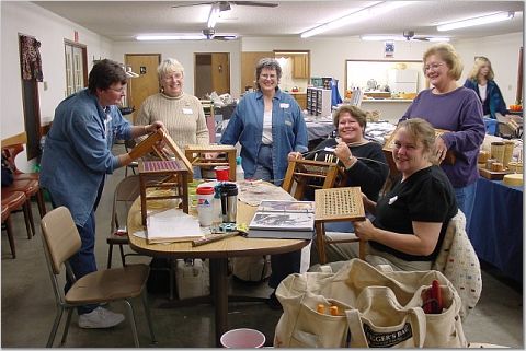 Chair Caning Footstool class with instructor Cathryn Peters at the Iowa Basket Makers Guild. 