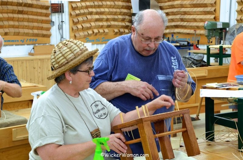 Cathryn Peters teaching hole cane footstool class at the Marc Adams School of Woodworking in 2013.