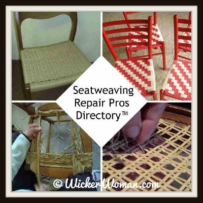 Cover image for the Seatweaving Repair Pros Directory™ on WickerWoman.com with four images of a variety of seatweaving techniques.
