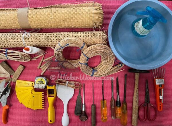 Chair caning tools and supplies used for both traditional strand caning and cane webbing applications.