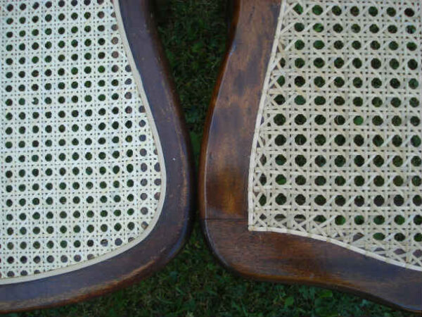 Spline cane or cane webbing seat on the left and hand caning or hole-to-hole caning on the right.