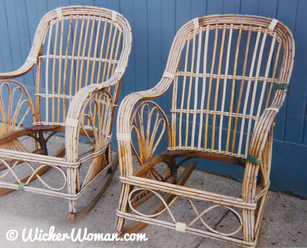 A pair of rattan pole stick wicker rocker pair after repairs, but before final finish and upholstered seats. 