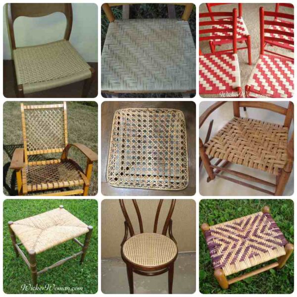 A collage of various types chair seat weaving techniques, materials and designs