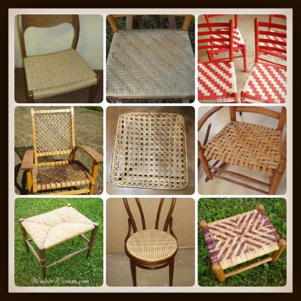 Various designs and patterns of chair seat weaving are shown in this collage. 