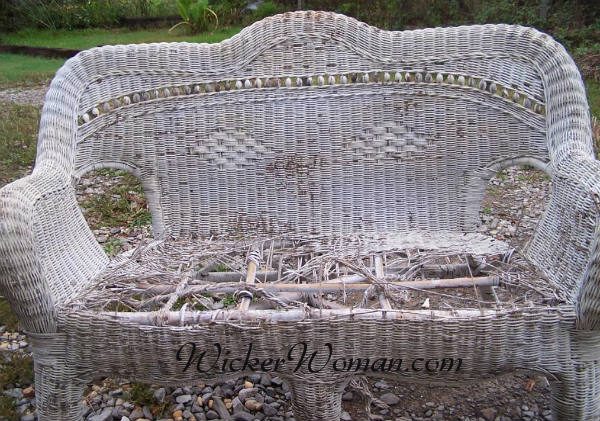 Vintage wicker couch ruined by leaving outdoors unprotected.