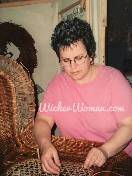 Cathryn beginning to weave the Star of David Cane back in Victorian wicker rocker