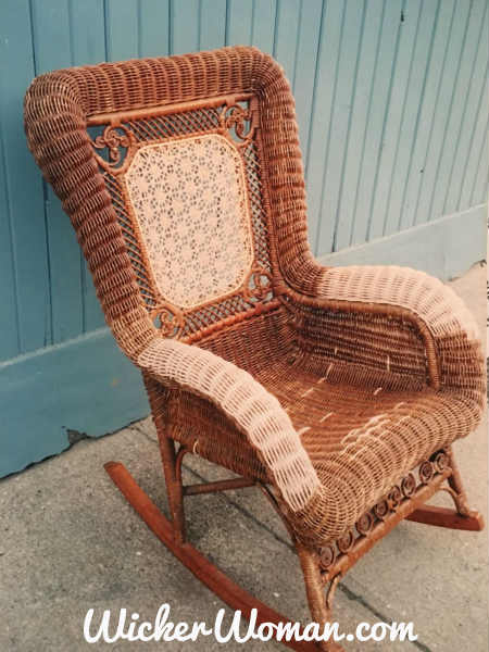 Repairs to the Star of David cane back and serpentine arms and seat strands have all been done in this Victorian wicker rocker