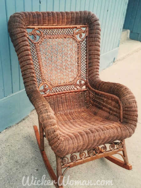 Restoration Done!--Star of David cane back woven and serpentine arms and seat strands have all been done in this Victorian wicker rocker